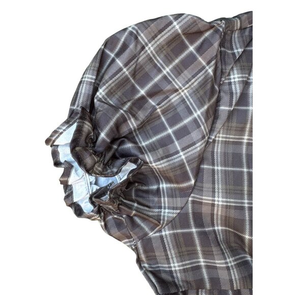 Vintage Style Plaid Dress Gothic Victorian Puff Sleeves White Collar Black Bow R - Picture 5 of 10